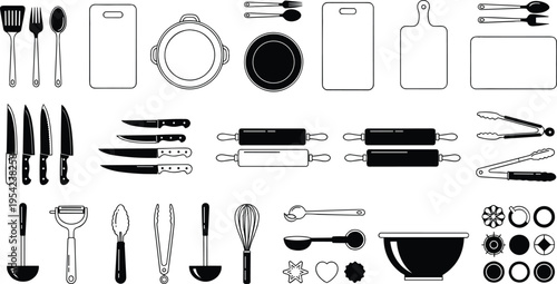 Large collection of kitchen utensil silhouettes including knives rolling pins cutting boards and cooking tools isolated on white background for restaurant and culinary design