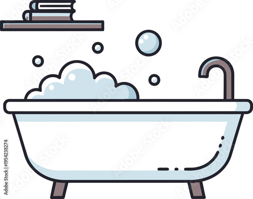 Bathtub with bubbles and faucet, suitable for bathing, relaxation, and bathroom decor themes