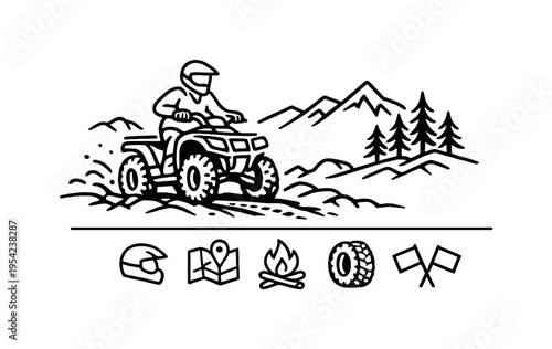 Outdoor off road vehicle adventure and recreational motorsport activity using quad bikes on trails and rugged terrain, ATV quad bike, helmet, mountain, pine tree, and tire track