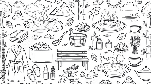 Natural hot springs and spa therapy concept highlighting geothermal relaxation, outdoor bathing, and holistic wellness experiences in tranquil nature settings. Objects of hot