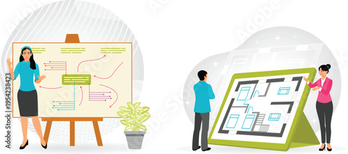 Business people presenting information on large boards