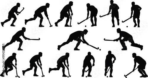 Set of field hockey player silhouettes in various action poses including running hitting and dribbling isolated on white background for sports competition and team graphics