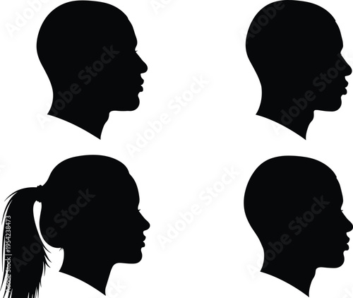 Set of four diverse human head profile silhouettes including men and a woman with ponytail isolated on white background for identity and avatar design