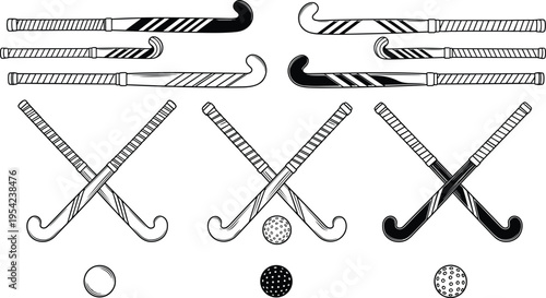 Set of field hockey stick and ball silhouettes featuring crossed equipment and single sticks isolated on white background for sports competition and team branding