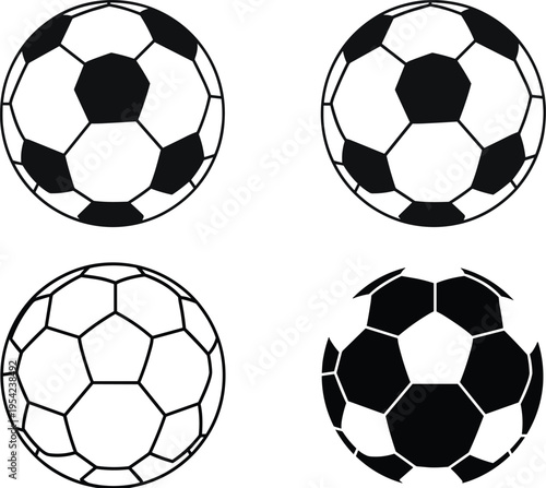 Set of four soccer ball silhouettes featuring various pentagon patterns and football designs isolated on white background for sports competition and team branding