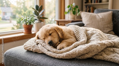 Adorable golden retriever puppy sleeping peacefully rapped in a cozy knitted banket on a soft bed