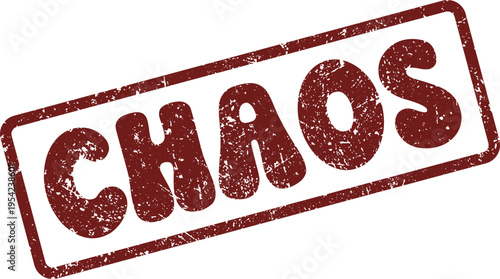 Deep red grunge rubber stamp presenting the word CHAOS symbolizing disorder, confusion, and complexity