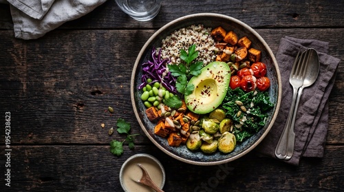 Healthy nourish bowl with avocado, sweet potato, edaame, cherry tomatoes and prple cabbage on dark woode background