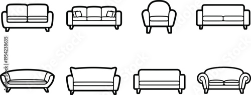 Sofa and Couch Furniture Line Icon Set — Armchair, Loveseat, Sectional Outline Symbols