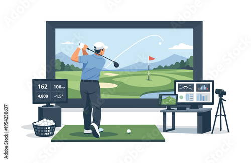 Modern indoor sports training and technology assisted practice in a professional golf simulator facility, a golfer completing a controlled swing toward a large digital projection