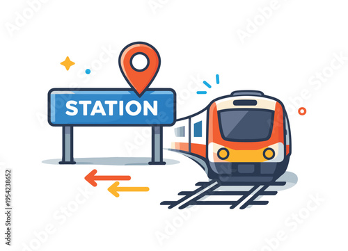 Public transportation infrastructure highlighting the role of railway stations in connecting people and supporting urban mobility, a train approaching a simple station sign with a