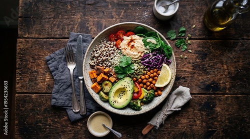 Top view of healthy Buddha bowl with freshvegetables, avocado, hummu, chickpeas and seeds on dark wooden table