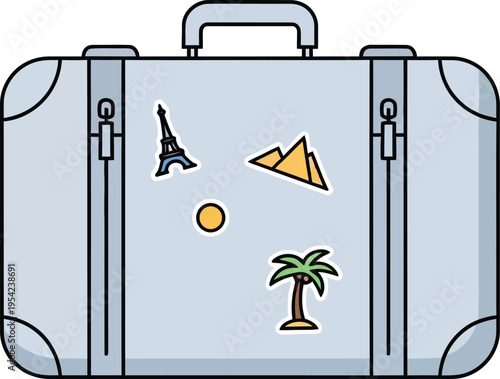Travel suitcase with stickers of Eiffel Tower pyramids sun and palm tree symbols representing vacation and adventure memories