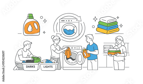 A small group completing laundry routines with a focus on sorting, washing, and organizing clothing in a structured household workflow, represented by a clear visual metaphor of a