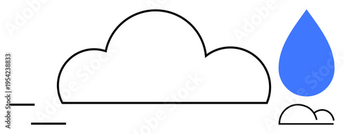 Weather forecasting, climate change, water resources, environmental sustainability, meteorology, precipitation. Minimalist design of a cloud and a blue water drop. Weather forecasting and climate