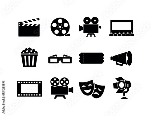 Cinema entertainment icons: film clapperboard, cinema film reel, movie camera, cinema screen, popcorn bucket, 3D glasses, cinema ticket, director megaphone, film strip frame, movie