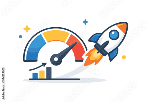 Startup growth and rapid business scaling representing fast progress in a competitive environment, a bold speedometer gauge paired with a simple rocket icon expressing energy