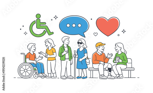A community accessibility scene where people with different abilities participate together in everyday activities and conversations, illustrated through a visual metaphor of a