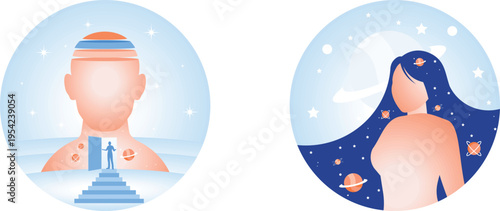 A man and a woman in space with planets and stars