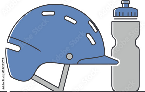 Blue bicycle helmet and water bottle, vector illustration, safety, sport, cycling, protection, gear, equipment, outdoor activity, healthy lifestyle, isolated on transparent background