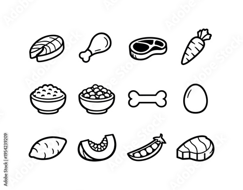 Pet food ingredients: fish fillet, chicken drumstick, beef steak, carrot, broccoli, rice bowl, kibble pellets bowl, bone, egg, sweet potato, pumpkin slice, peas pod