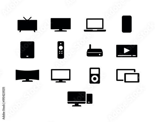 Television and screen devices: television set, computer monitor, laptop screen, smartphone screen, tablet screen, smart TV remote, streaming box, video player window, curved