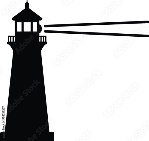 Black lighthouse with bright beam of light shining across dark ocean waves guiding ships safely home at night