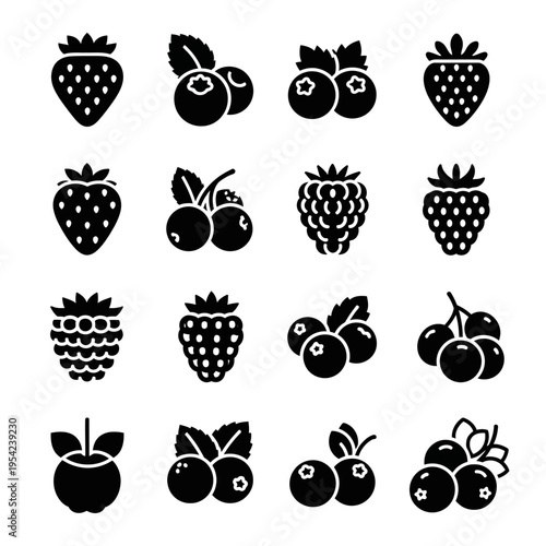 Vector set of diverse black glyph berry icons, featuring strawberries, blueberries, and raspberries. Ideal for healthy food design, nutrition projects, and digital wellness applications