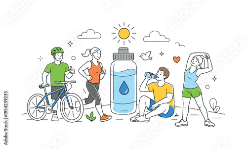 A healthy lifestyle and outdoor activity concept where individuals engage in light sports and recreation in a sunny environment, using a bicycle and a single water bottle as a