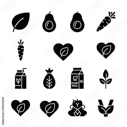 Diverse collection of flat vector glyph icons representing healthy, organic, and plant-based foods, ideal for vegan lifestyle, dietary plans, eco-friendly themes, and grocery-related designs