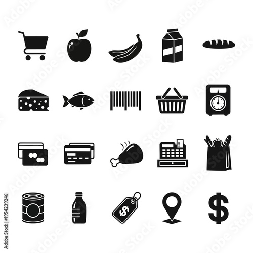 A diverse collection of grocery and retail icons, featuring food, shopping, and payment symbols for commerce and lifestyle applications