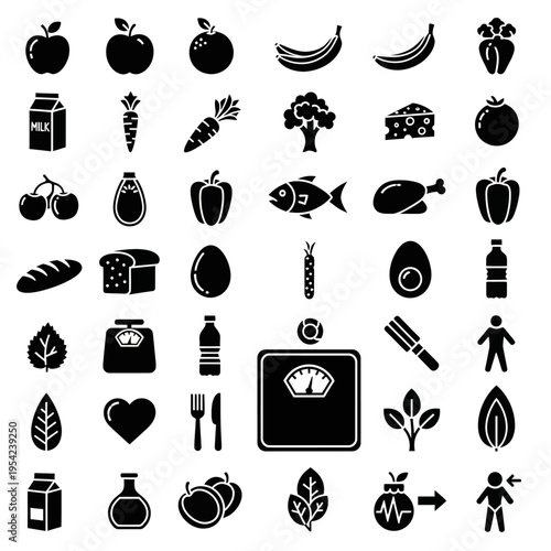 A comprehensive collection of monochrome glyph icons representing various healthy eating options, organic produce, and essential dietary concepts for modern health and wellness applications
