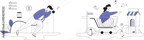 A couple of cartoon illustrations related to finance and shopping