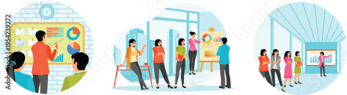 A group of people are looking at graphs on boards