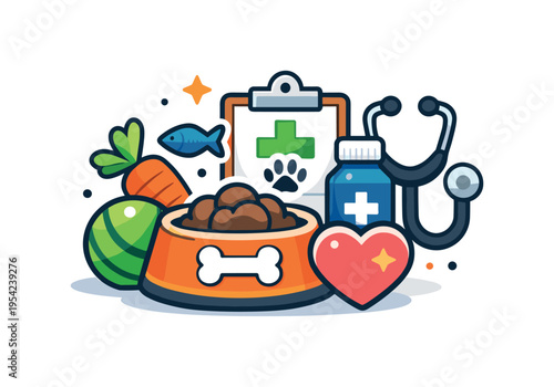 Pet wellness and healthy lifestyle highlighting attention to nutrition, play, and veterinary care for companion animals, a pet bowl with a bone icon beside a small heart badge