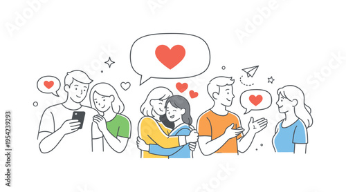 A modern emotional communication concept illustrating how people express care and connection in everyday digital and real-life interactions, using a minimal set of heart symbols