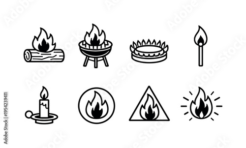 Heat and combustion objects: burning log, charcoal grill flame, gas stove burner, lit matchstick, candle in holder, flame inside circle, flame inside triangle, flame with spark