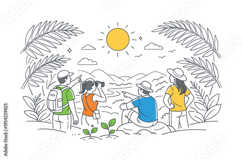 A jungle themed nature appreciation scene where people admire rich tropical greenery and natural landscapes together, expressed through a clear visual metaphor of large palm leaves