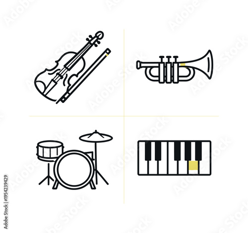Musical instrument collection used in modern bands, studios, and live performances where different instruments contribute to melody, harmony, and rhythm in collaborative music