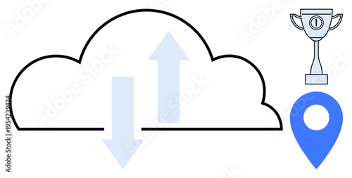 Cloud computing. Cloud computing symbols including data transfer arrows, geolocation marker, and trophy icon. Cloud computing enhancing storage, mapping, and achievements. For tech, IT rewards