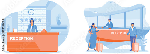 Hotel reception desk with staff and guests