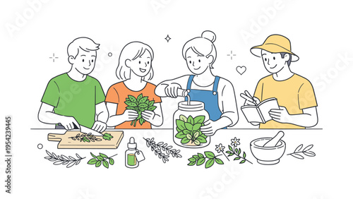 A group creating a botanical herbs collection for culinary and wellness purposes, focusing on simple natural ingredients and clean presentation, visualized through a clean