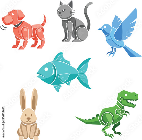 Collection of robotic toy animals including dog cat bird fish bunny and dinosaur in bright colors