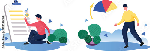 A man checks a list and another man walks under a kite