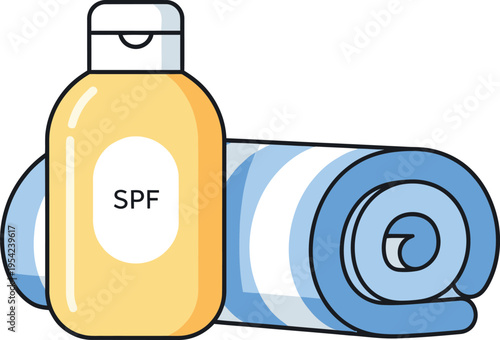 Sunscreen bottle with spf and rolled towel for beach holiday protection and summer vacation care health and beauty