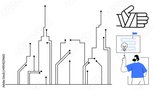 Urban development, smart cities, digital transformation, technology innovation, network infrastructure, creative thinking, modern design. Minimalist city outline with circuits and a person