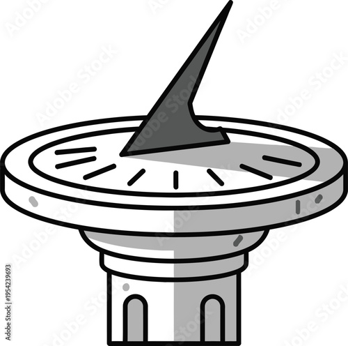 Sundial on pedestal with gnomon and hour lines for ancient timekeeping device in garden or historic architecture outdoor