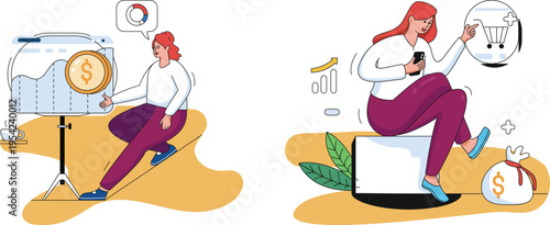 A woman sitting on a box looking at a graph and a woman shopping online