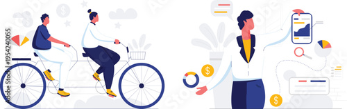 A illustration of people riding a bicycle and a woman looking at a phone