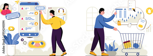 A man interacts with a giant phone and another man shops online